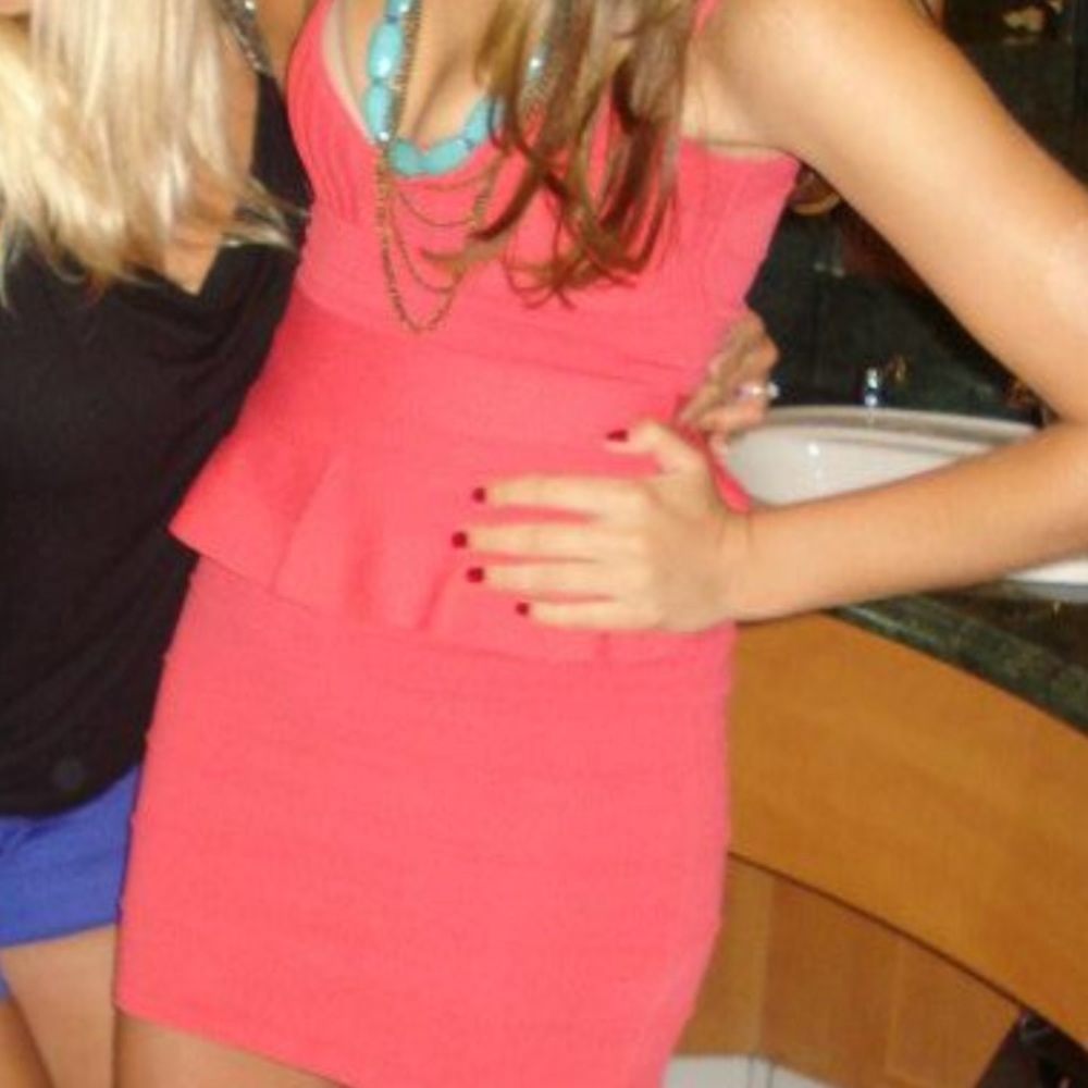 Coral Peplum Mini Bandage Dress